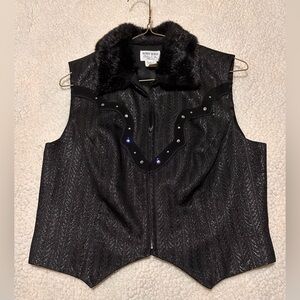 Hobby Horse Vintage black shiny rhinestone leather faux fur western show vest